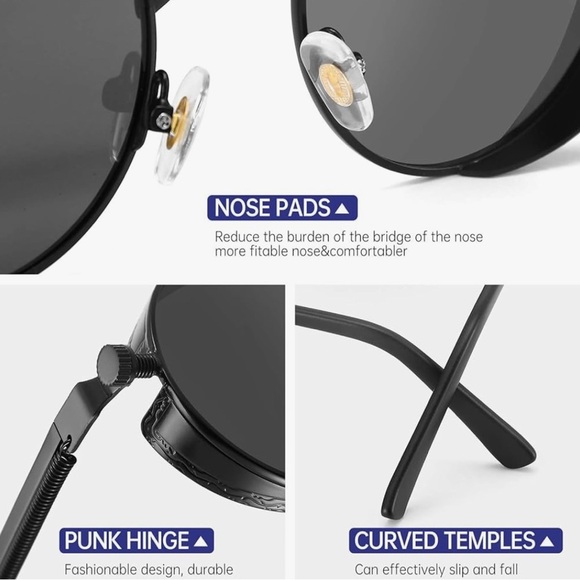 Retro Round Steampunk Black Metallic Sunglasses UV400 for Men & Women Bikercore - Picture 10 of 15